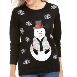 Karen Scott Women's Sweater Sequined Snowman Holiday Christmas Sweater Black M
